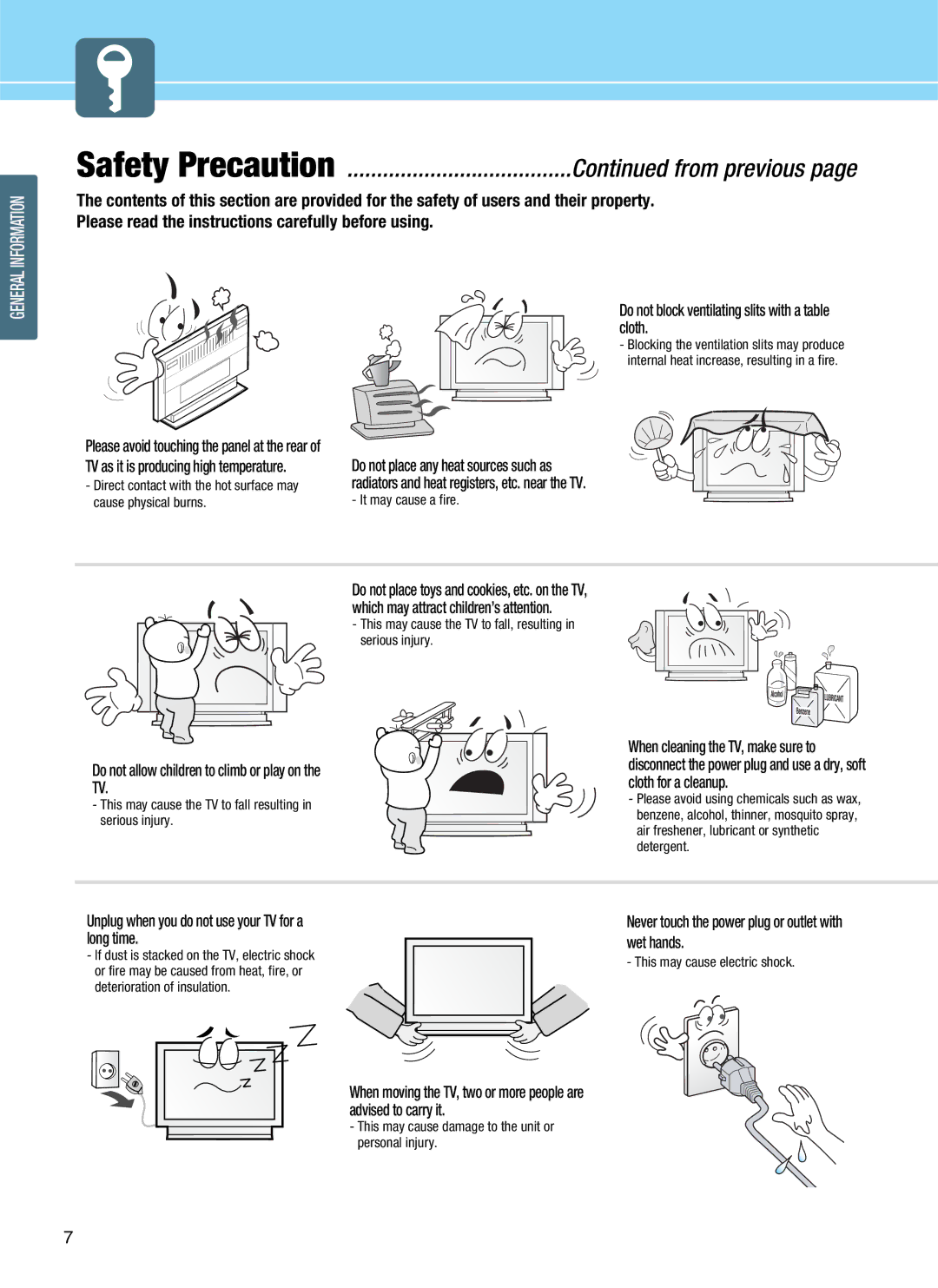 Hyundai Q421H, Q421S Do not block ventilating slits with a table cloth, Do not allow children to climb or play on the TV 