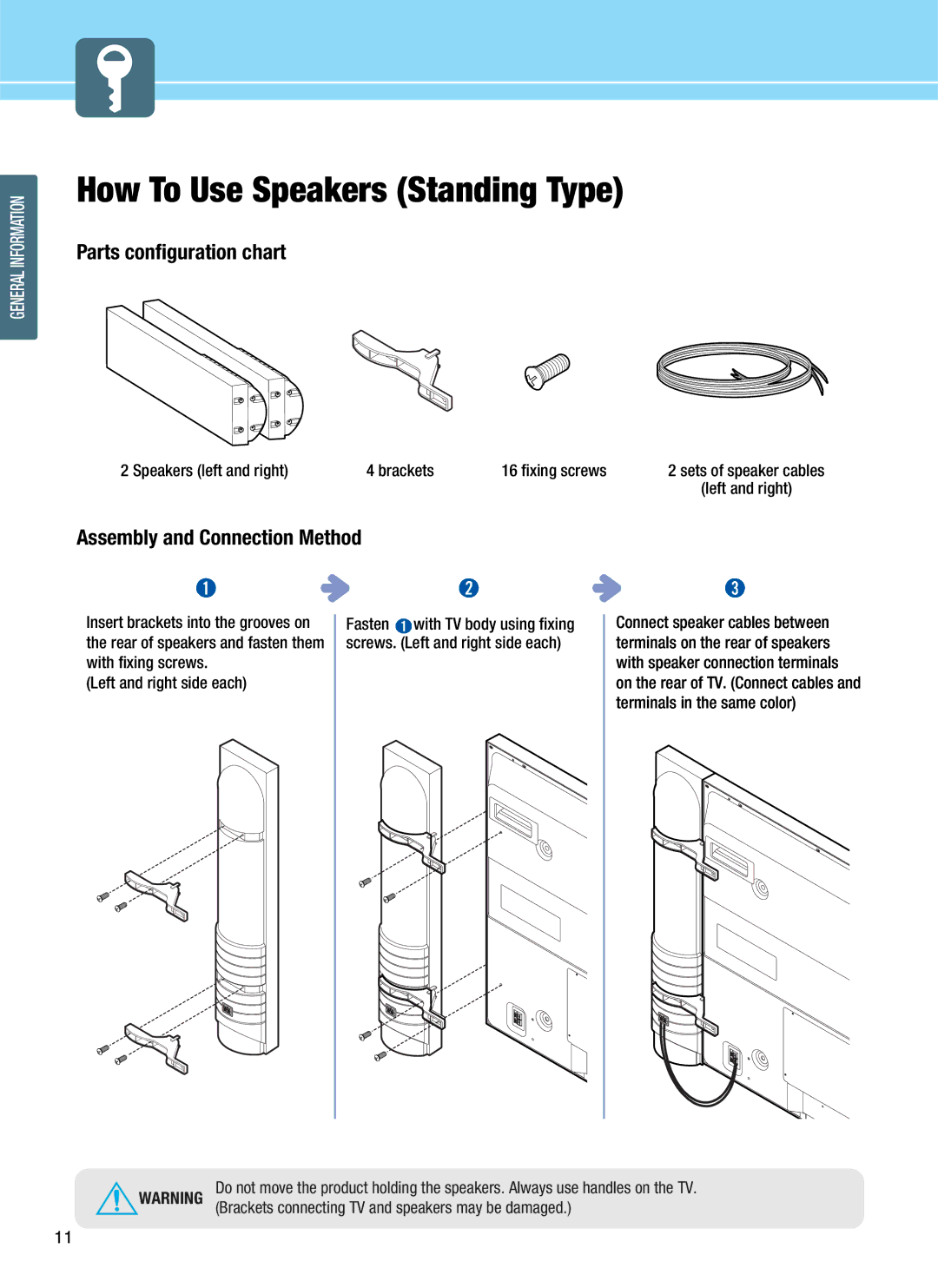 Hyundai Q501, Q421S, Q421H manual How To Use Speakers Standing Type, Speakers left and right Brackets Fixing screws, Fasten 