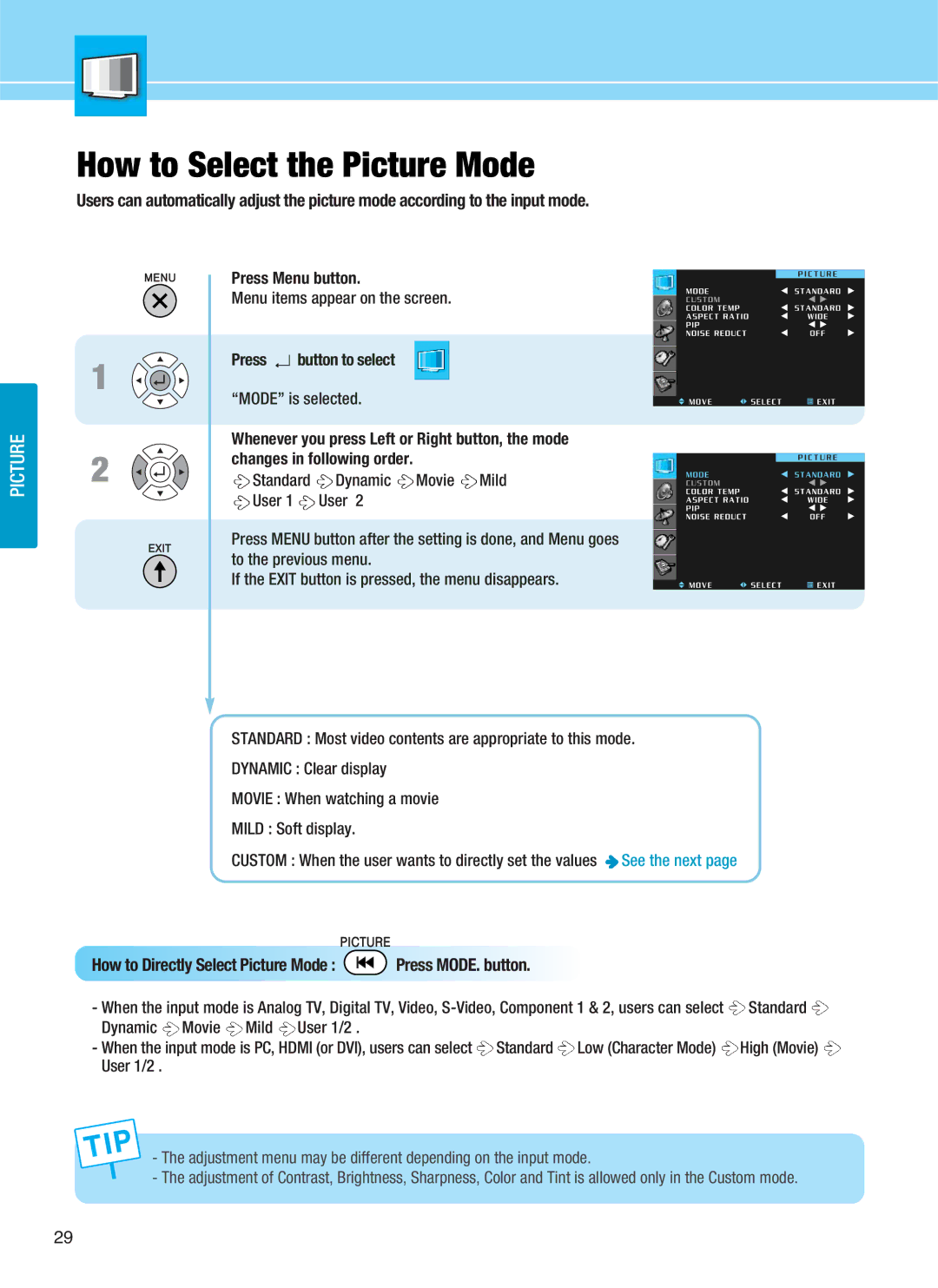 Hyundai Q501, Q421S, Q421H manual How to Select the Picture Mode, Changes in following order 