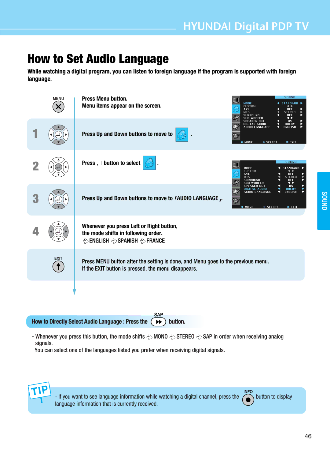 Hyundai Q421H, Q421S, Q501 manual How to Set Audio Language, Mode shifts in following order 