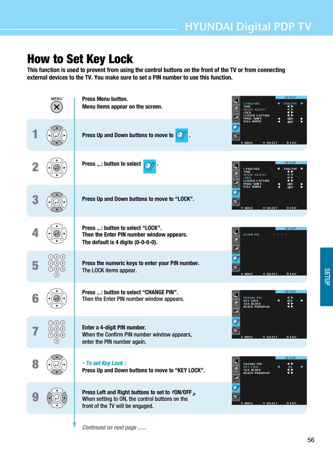 Hyundai Q501, Q421S How to Set Key Lock, Press Menu button Menu items appear on the screen, Press Button to select Lock 