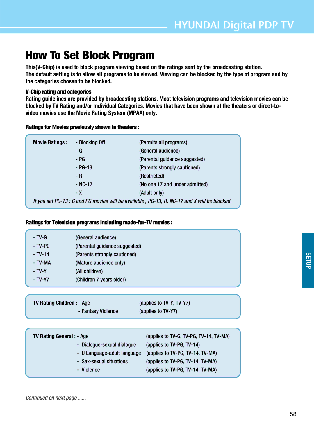 Hyundai Q421H, Q421S How To Set Block Program, Ratings for Movies previously shown in theaters, TV Rating Children Age 