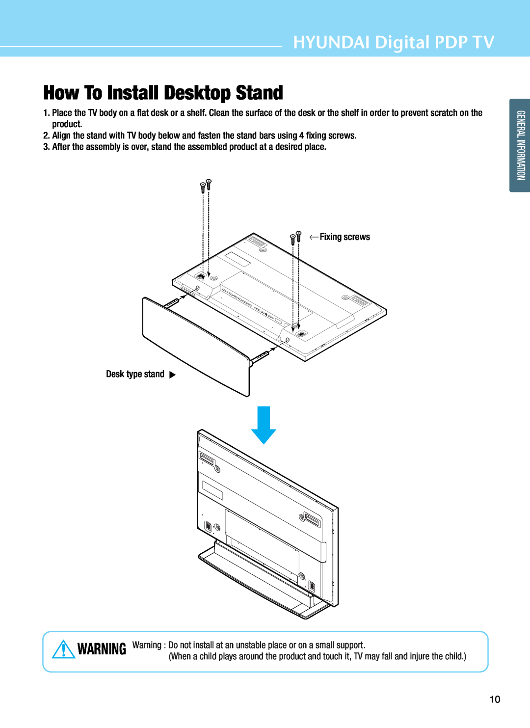 Hyundai Q421H, Q421S, Q501 manual How To Install Desktop Stand, HYUNDAI Digital PDP TV 