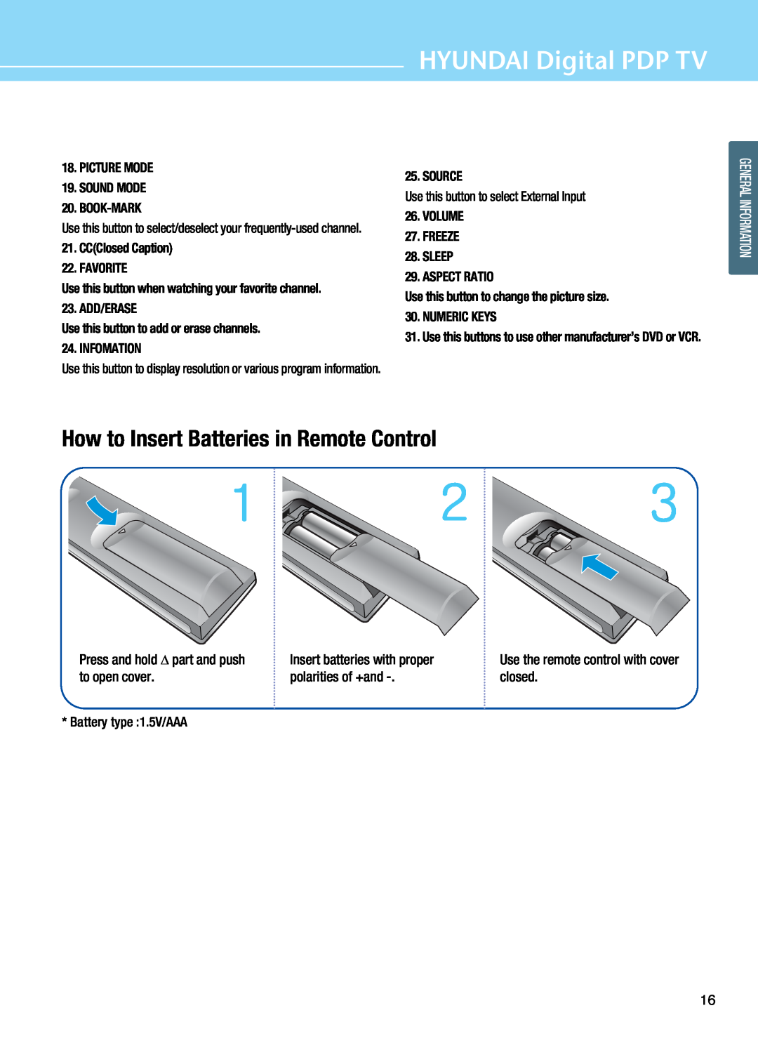 Hyundai Q421H How to Insert Batteries in Remote Control, HYUNDAI Digital PDP TV, PICTURE MODE 19. SOUND MODE 20. BOOK-MARK 