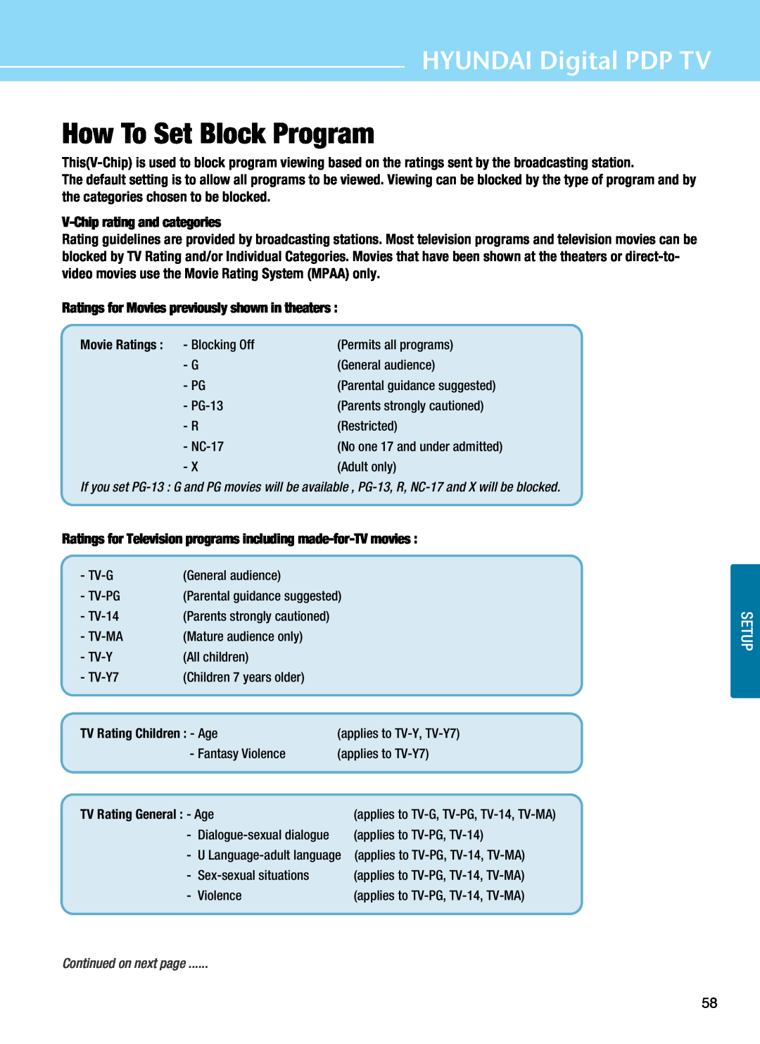 Hyundai Q421H, Q421S, Q501 manual How To Set Block Program, HYUNDAI Digital PDP TV, Setup, V-Chip rating and categories 