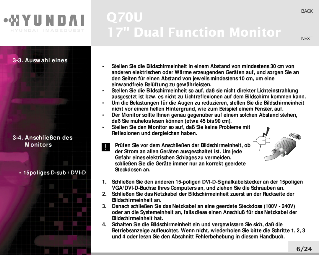 Hyundai Q70U manual Auswahl eines Anschließen des Monitors 