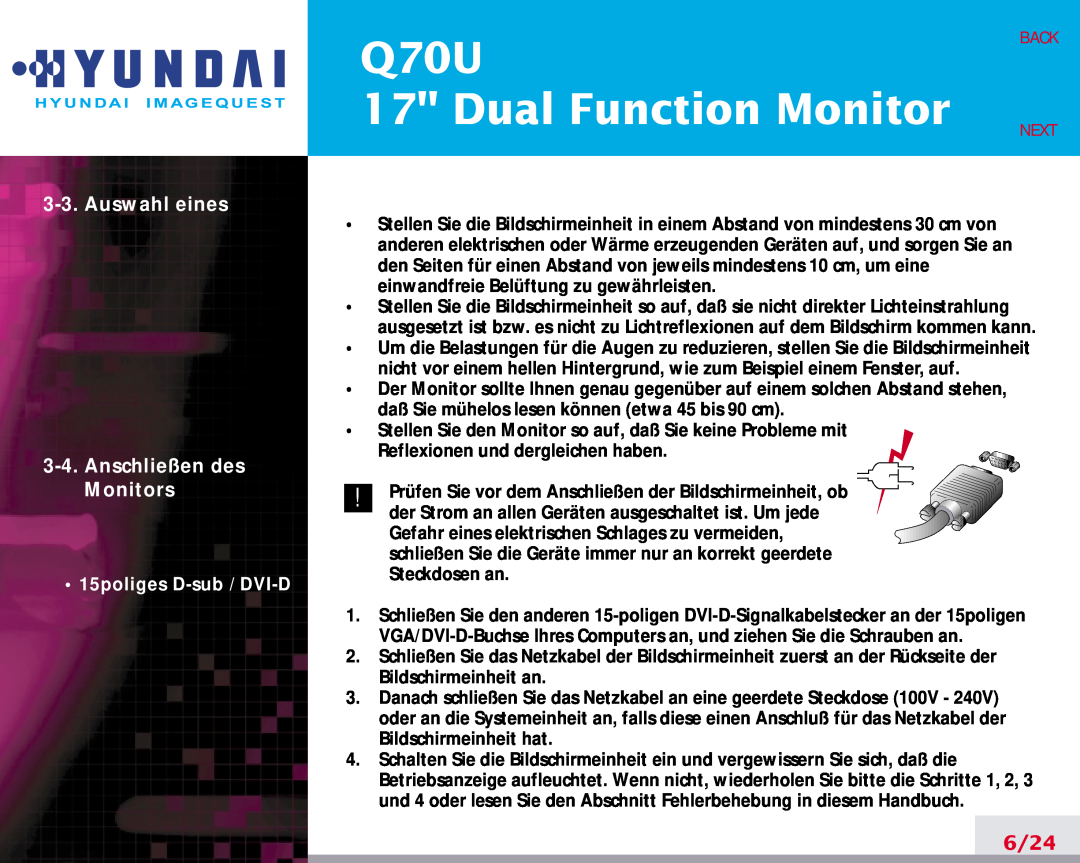 Hyundai Q70U Dual Function Monitor, Auswahl eines 3-4.Anschließen des Monitors, 6/24, Back, Next, 15poliges D-sub / DVI-D 