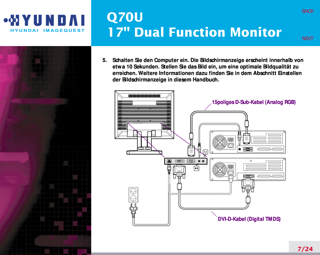 Hyundai manual Q70U 17 Dual Function Monitor, 7/24, Back Next, 15poliges D-Sub-KabelAnalog RGB, DVI-D-KabelDigital TMDS 
