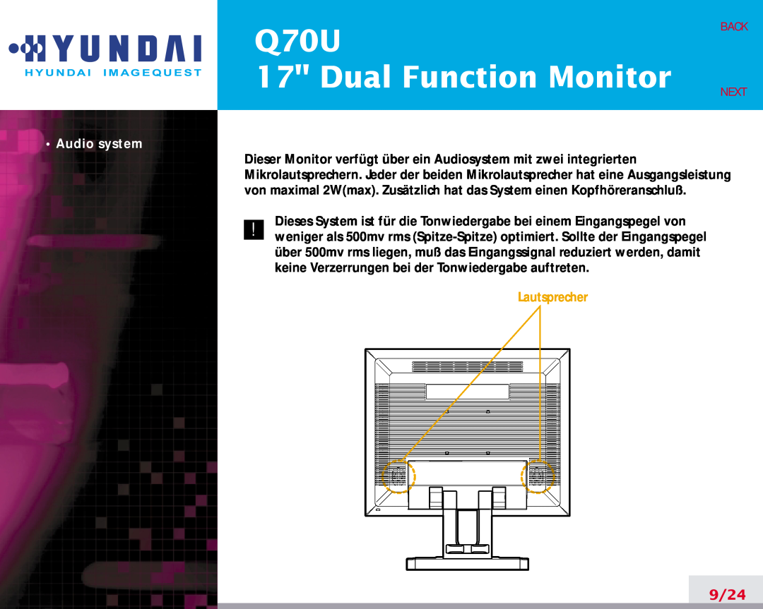 Hyundai manual Q70U 17 Dual Function Monitor, 9/24, Back Next, Audio system 