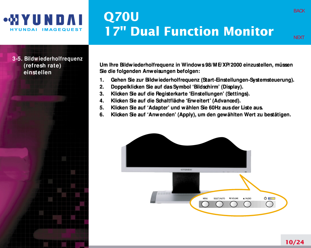 Hyundai Q70U manual Dual Function Monitor, 10/24, Back, Next 
