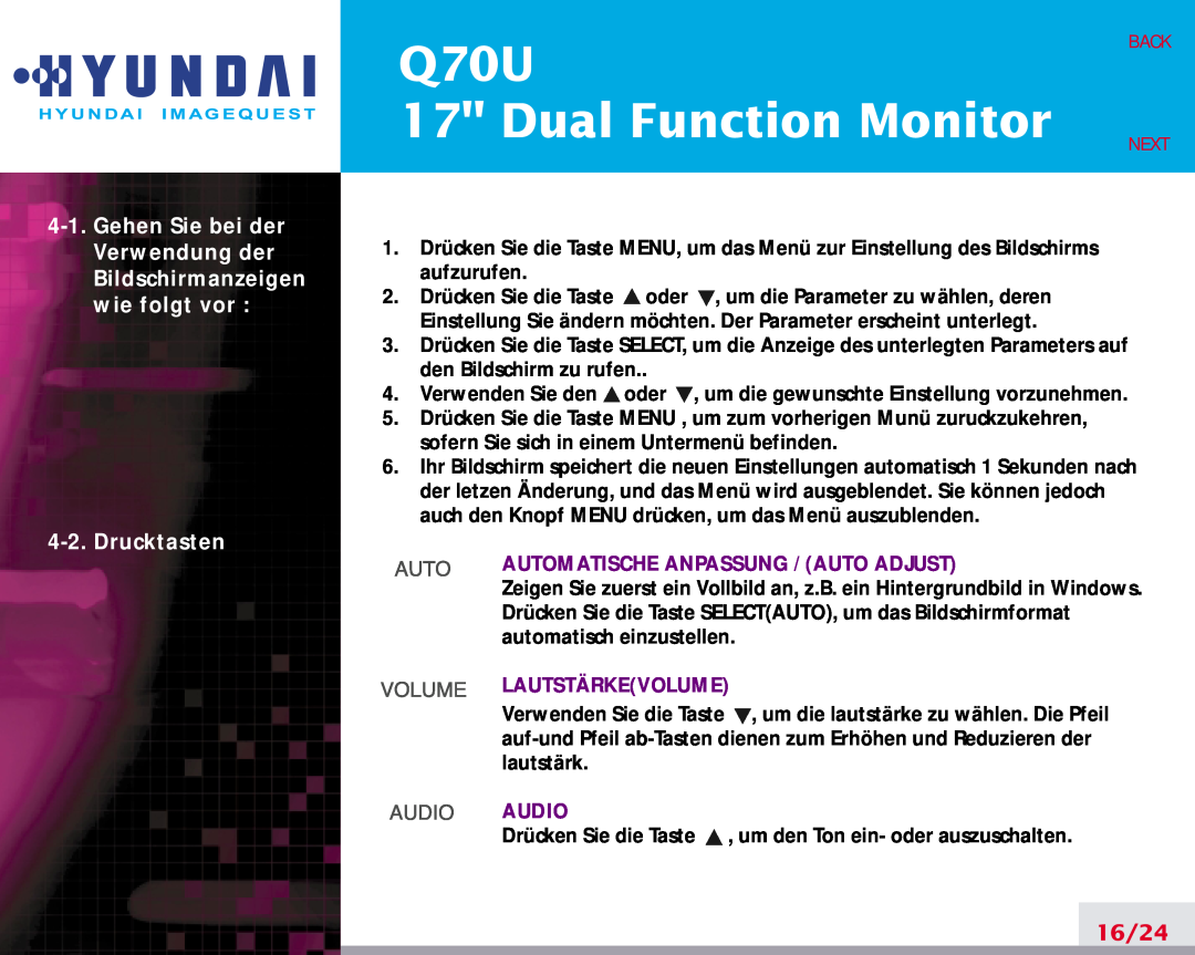Hyundai Q70U Dual Function Monitor, Drucktasten, 16/24, Back, Next, Automatische Anpassung / Auto Adjust, Lautstärkevolume 