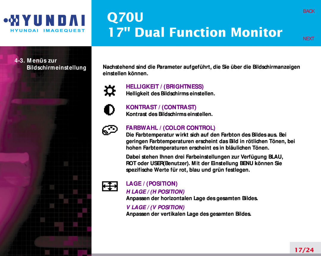 Hyundai Q70U Dual Function Monitor, 4-3.Menüs zur Bildschirmeinstellung, Helligkeit / Brightness, Kontrast / Contrast 