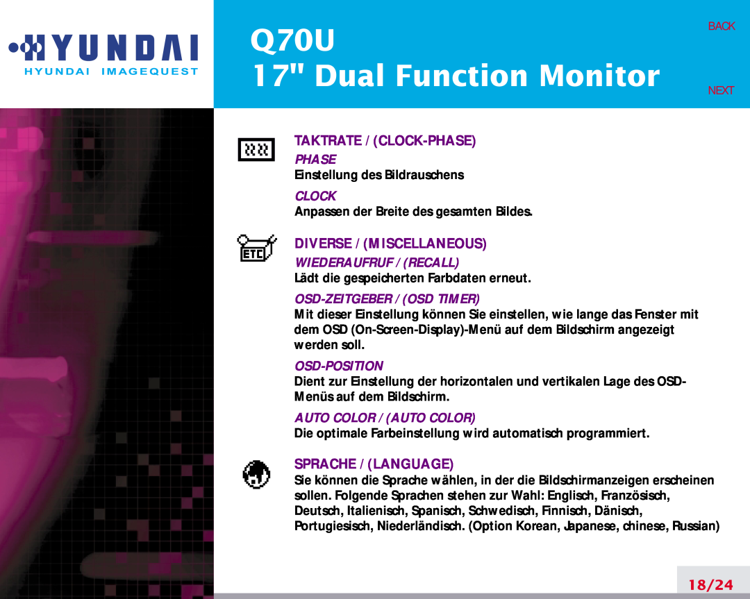 Hyundai manual Q70U 17 Dual Function Monitor, Taktrate / Clock-Phase, Diverse / Miscellaneous, Sprache / Language, 18/24 