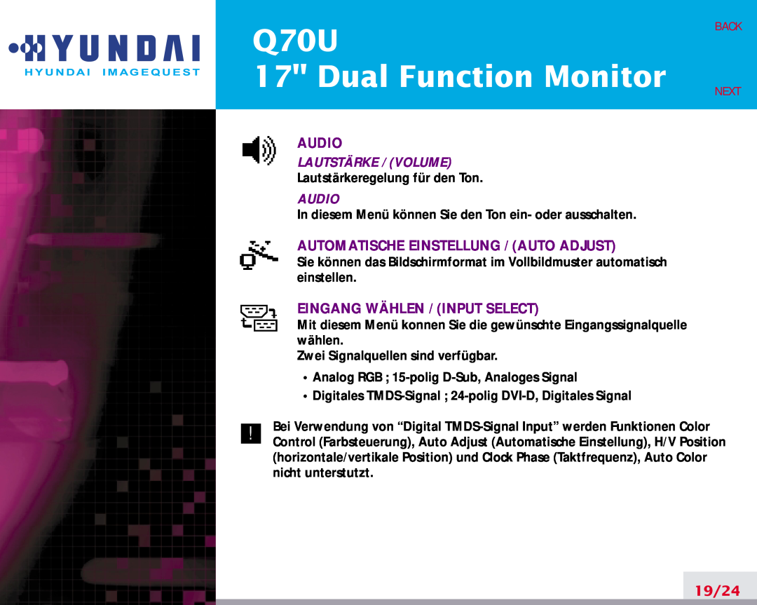 Hyundai Q70U 17 Dual Function Monitor, Audio, Automatische Einstellung / Auto Adjust, Eingang Wählen / Input Select 