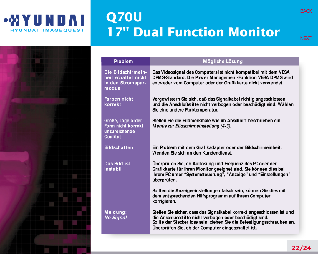 Hyundai manual Q70U 17 Dual Function Monitor, 22/24, Back Next, No Signal 