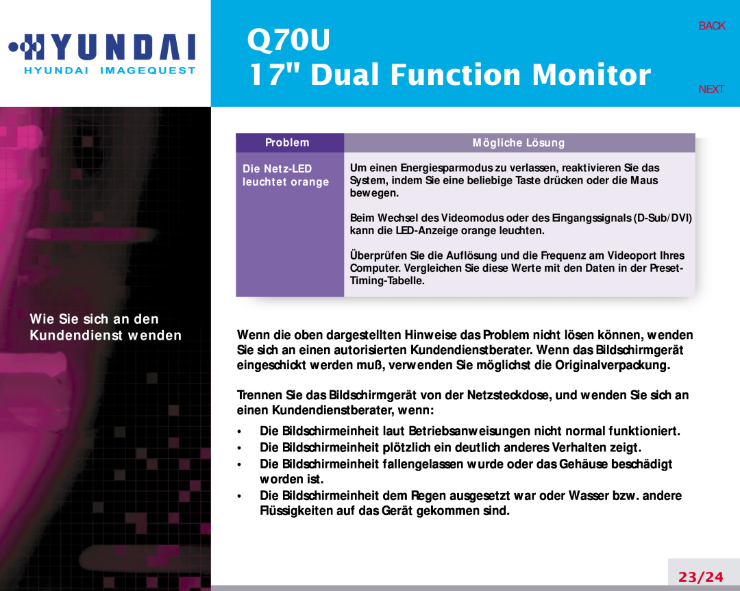 Hyundai Q70U manual Dual Function Monitor, Wie Sie sich an den Kundendienst wenden, 23/24, Back, Next 