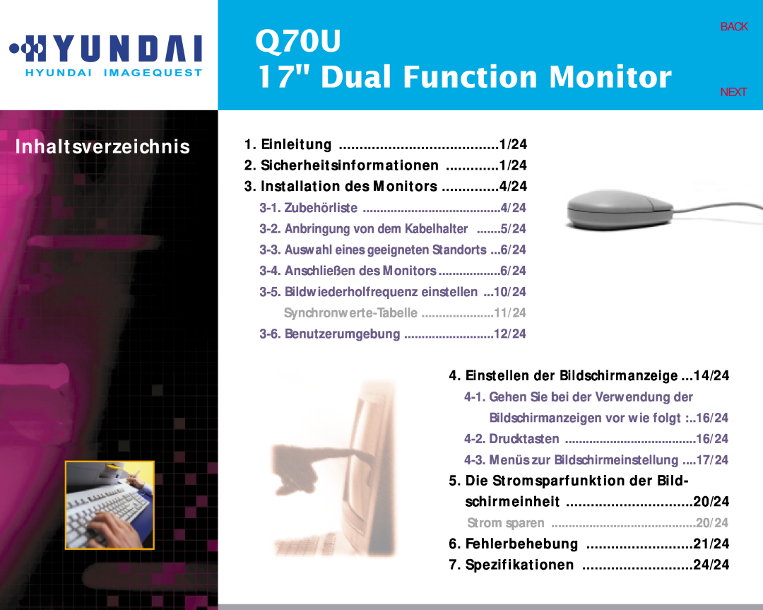 Hyundai Q70U manual Dual Function Monitor, Inhaltsverzeichnis, Fehlerbehebung, 21/24, Spezifikationen, 24/24 