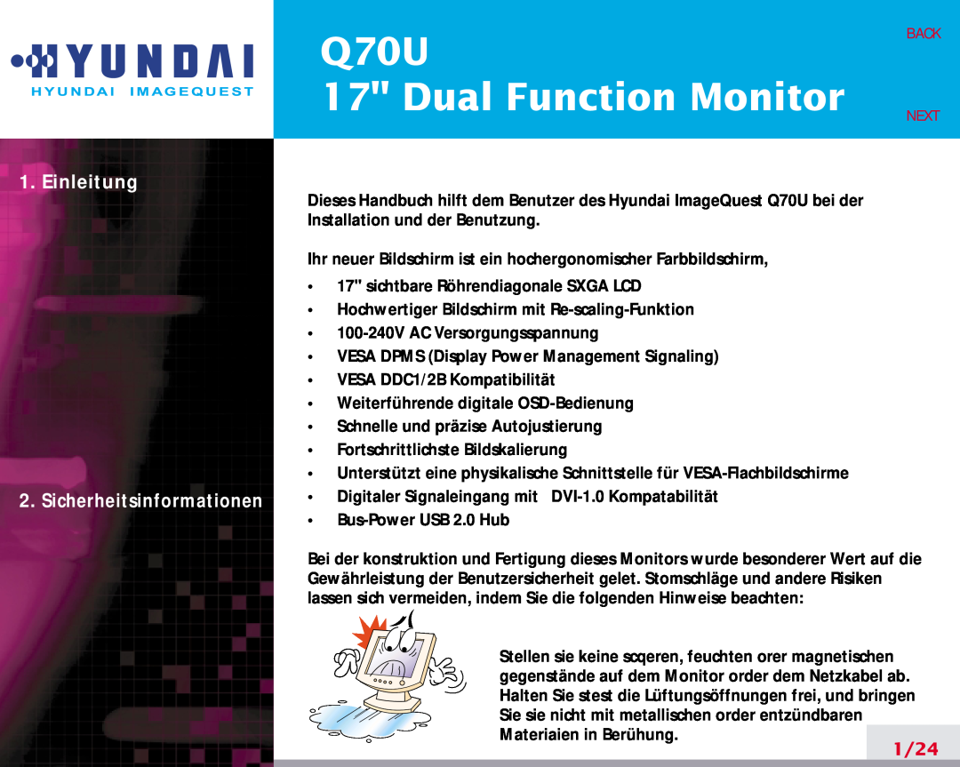 Hyundai Q70U manual Einleitung, Dual Function Monitor, 1/24, Back, Sicherheitsinformationen, Next 