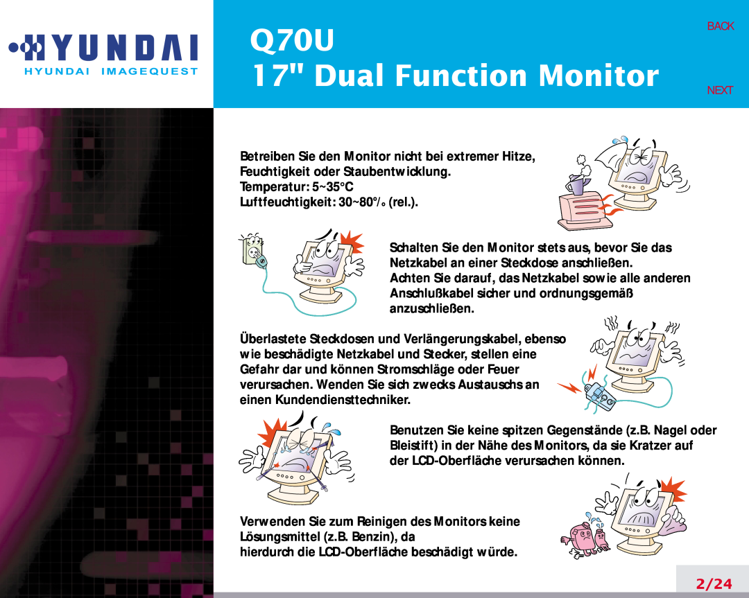 Hyundai manual Q70U 17 Dual Function Monitor, 2/24, Back Next 