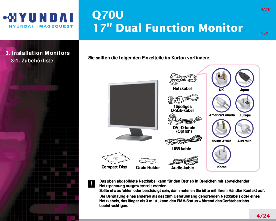 Hyundai Q70U manual Installation Monitors, Dual Function Monitor, Zubehörliste, 4/24, Back, Next 