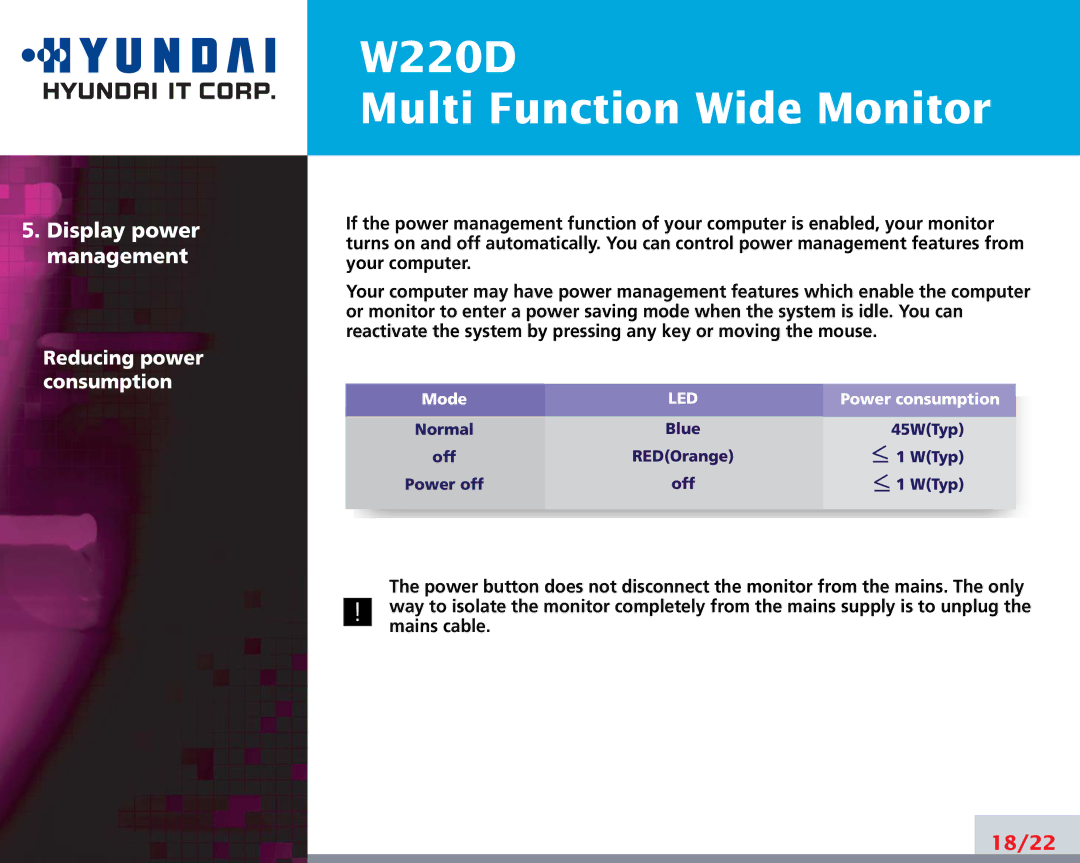 Hyundai W220D manual Display power management 