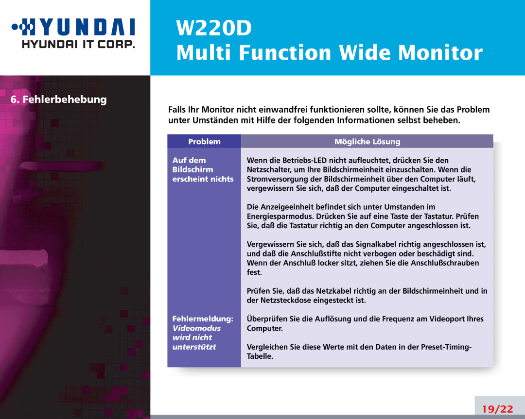 Hyundai W220D manual Problem Mögliche Lösung Auf dem, Bildschirm, Erscheint nichts, Fehlermeldung 