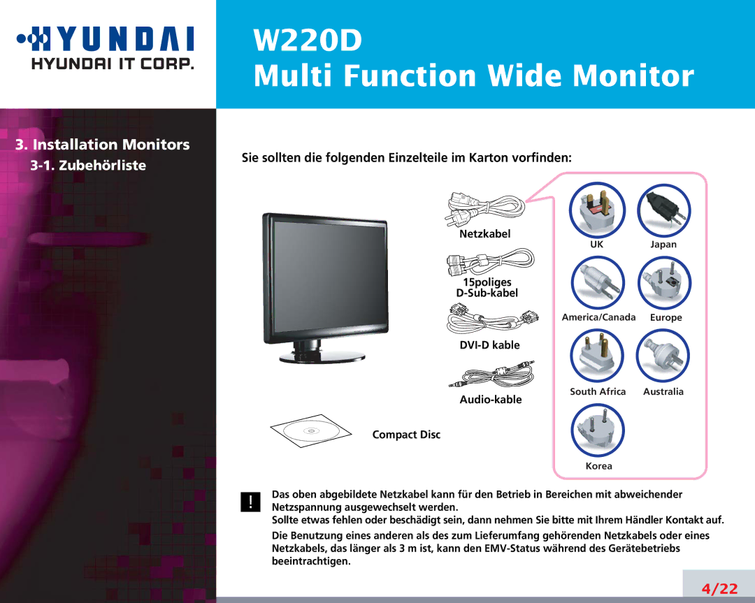 Hyundai W220D manual Installation Monitors 