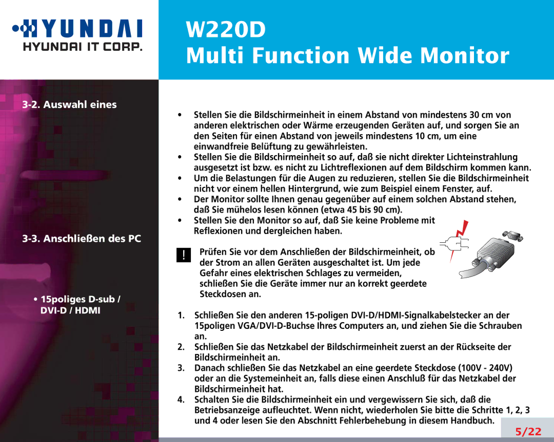 Hyundai W220D manual Auswahl eines Anschließen des PC 