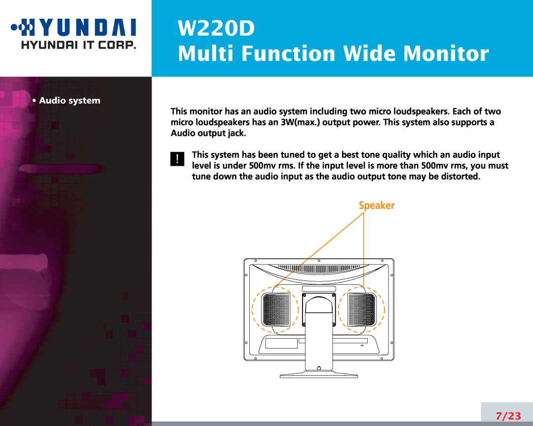 Hyundai manual W220D Multi Function Wide Monitor, Speaker, 7/237/22, Audio system 