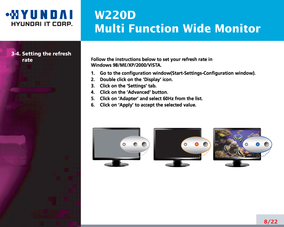 Hyundai manual W220D Multi Function Wide Monitor, Setting the refresh rate, 8/22 
