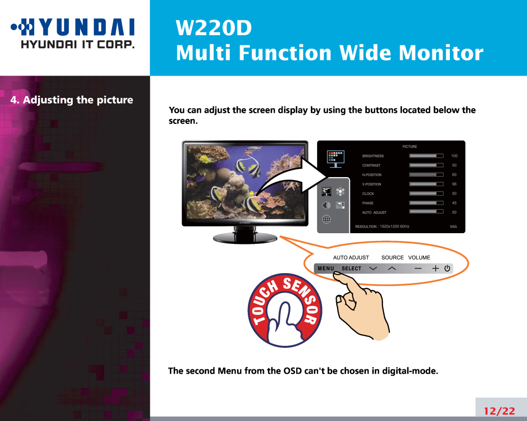 Hyundai manual Adjusting the picture, W220D Multi Function Wide Monitor, 12/22 