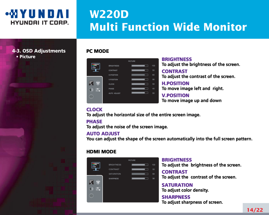 Hyundai manual W220D Multi Function Wide Monitor, OSD Adjustments, Pc Mode, Brightness, Contrast, H.Position, V.Position 