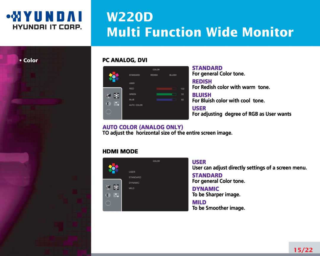 Hyundai W220D Multi Function Wide Monitor, Hdmi Mode, 15/22, Pc Analog, Dvi, Standard, Redish, Bluish, User, Dynamic 