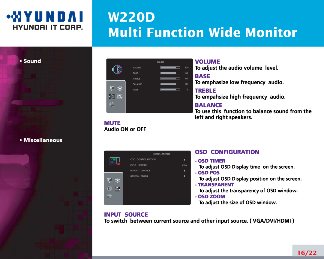 Hyundai W220D Multi Function Wide Monitor, Mute, Volume, Base, Treble, Balance, Osd Configuration, Input Source, 16/22 