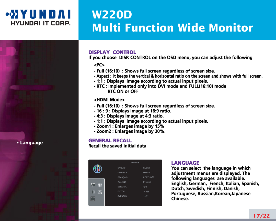 Hyundai manual W220D Multi Function Wide Monitor, Display Control, General Recall, Language, 17/22 