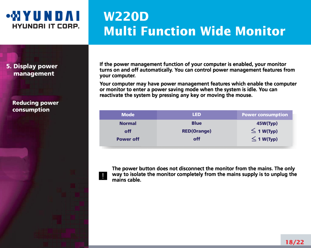 Hyundai manual Display power management, W220D Multi Function Wide Monitor, Reducing power consumption, 18/22 