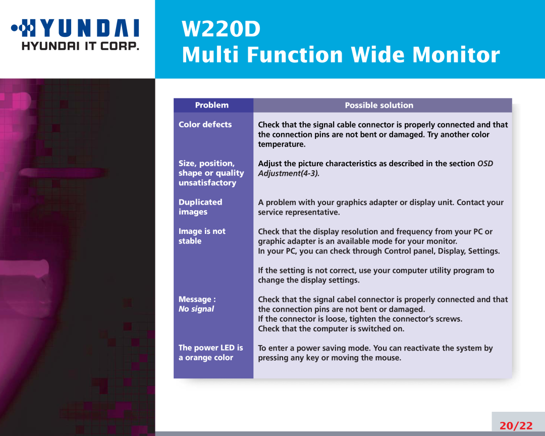 Hyundai manual W220D Multi Function Wide Monitor, 20/22 