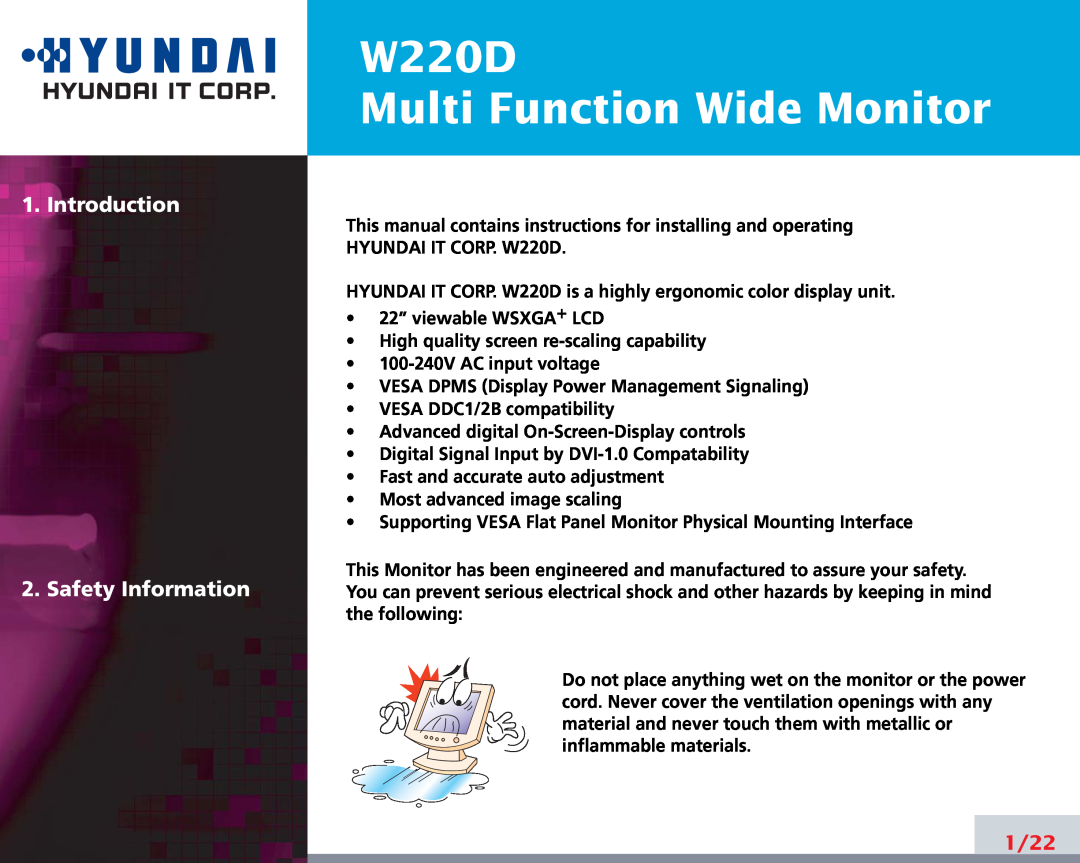 Hyundai manual Introduction 2. Safety Information, W220D Multi Function Wide Monitor, 1/22 