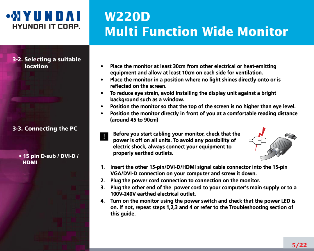 Hyundai manual W220D Multi Function Wide Monitor, Selecting a suitable location 3-3. Connecting the PC, 5/22 