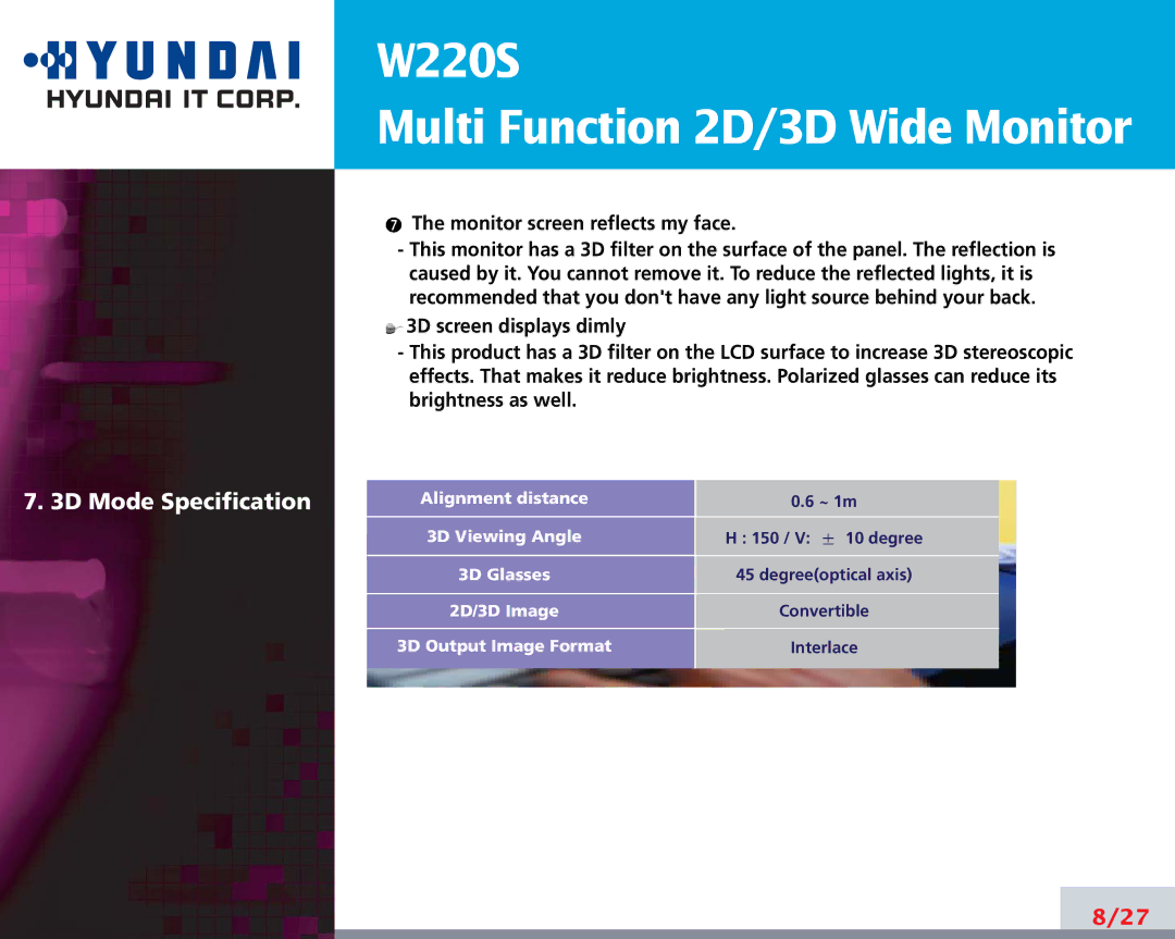 Hyundai W220S manual 3D Mode Specification 