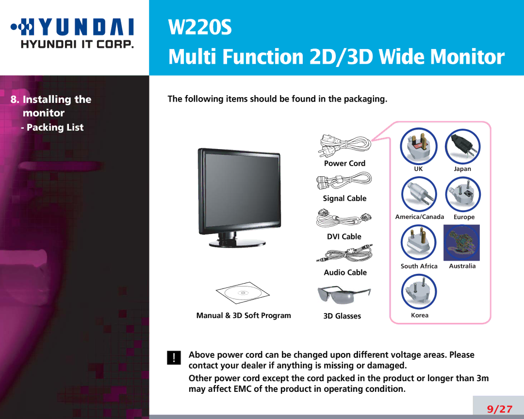 Hyundai W220S manual Installing, Monitor 