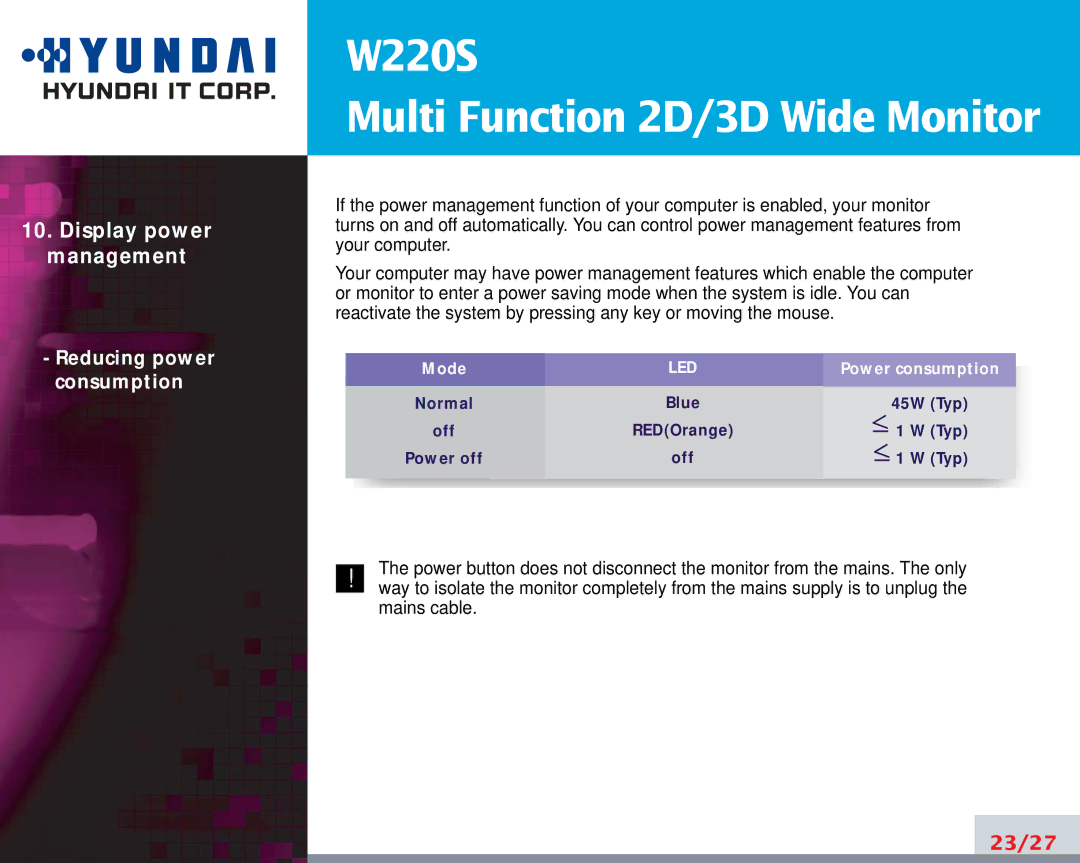 Hyundai W220S manual Display power management 