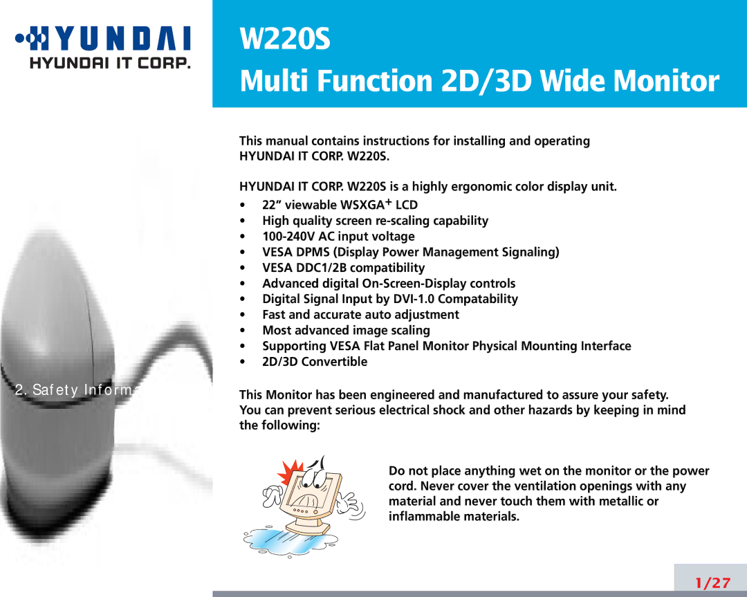 Hyundai manual Introduction Safety Information, Hyundai IT CORP. W220S 