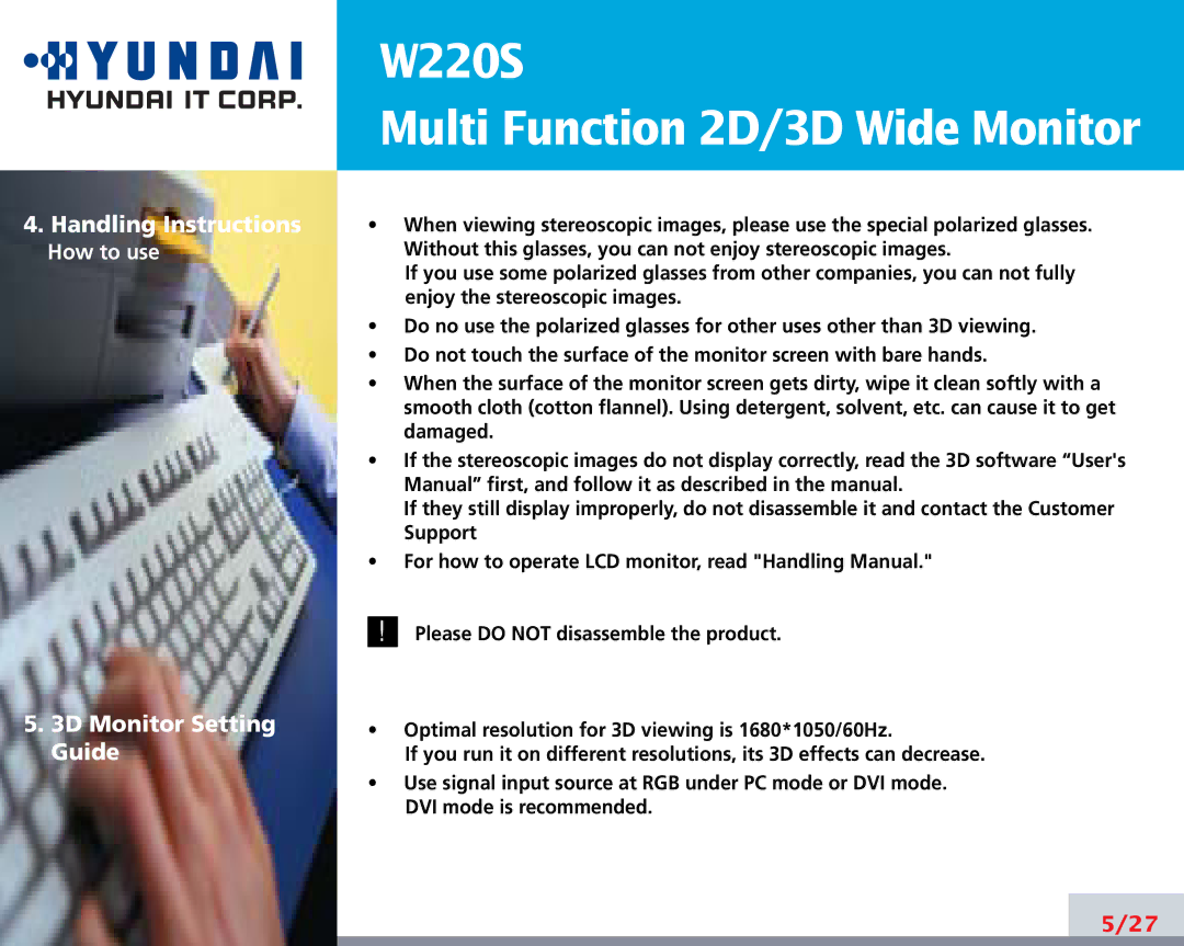 Hyundai W220S manual Handling Instructions, 3D Monitor Setting Guide 