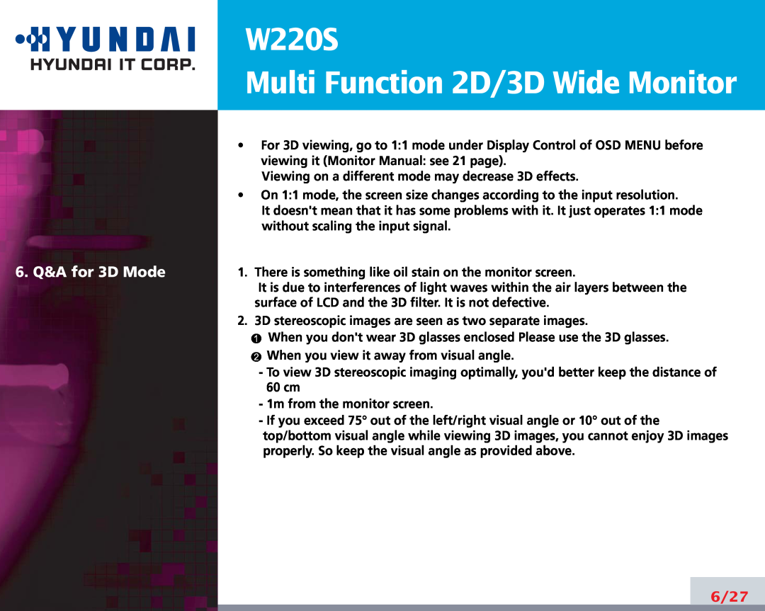 Hyundai manual 6. Q&A for 3D Mode, W220S Multi Function 2D/3D Wide Monitor, 6/27 