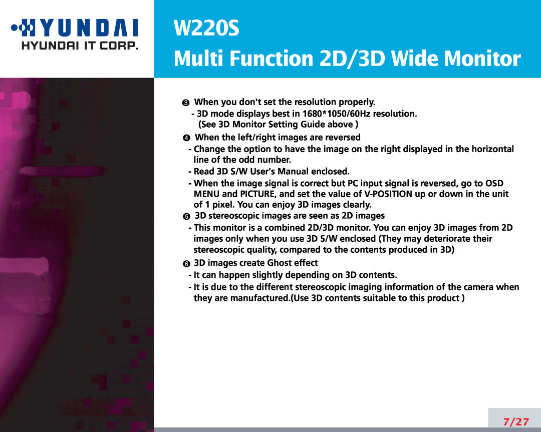 Hyundai manual W220S Multi Function 2D/3D Wide Monitor, 7/27 