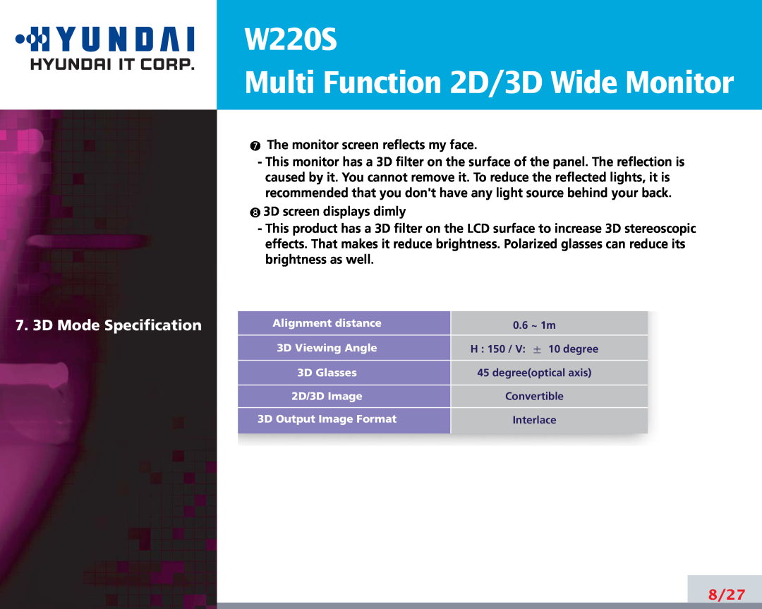 Hyundai manual 7. 3D Mode Specification, W220S Multi Function 2D/3D Wide Monitor, 8/27 