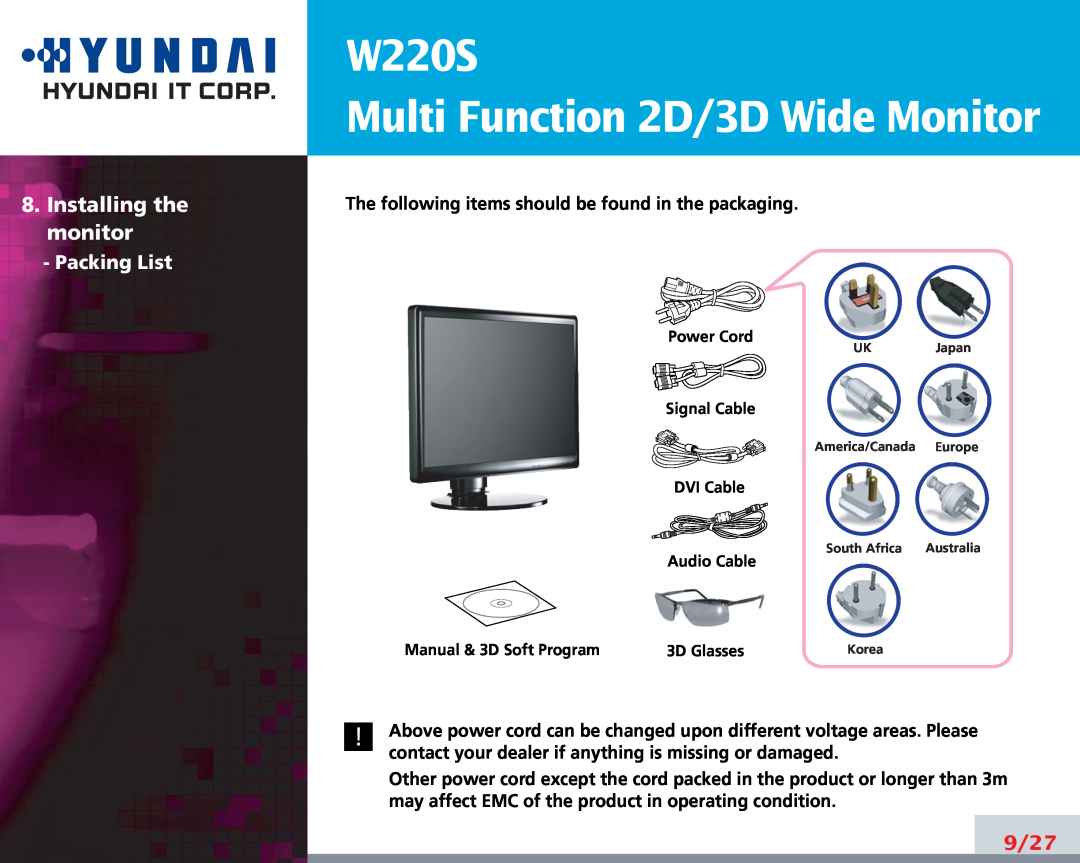 Hyundai manual Installing the, monitor, W220S Multi Function 2D/3D Wide Monitor, Packing List, 9/27 