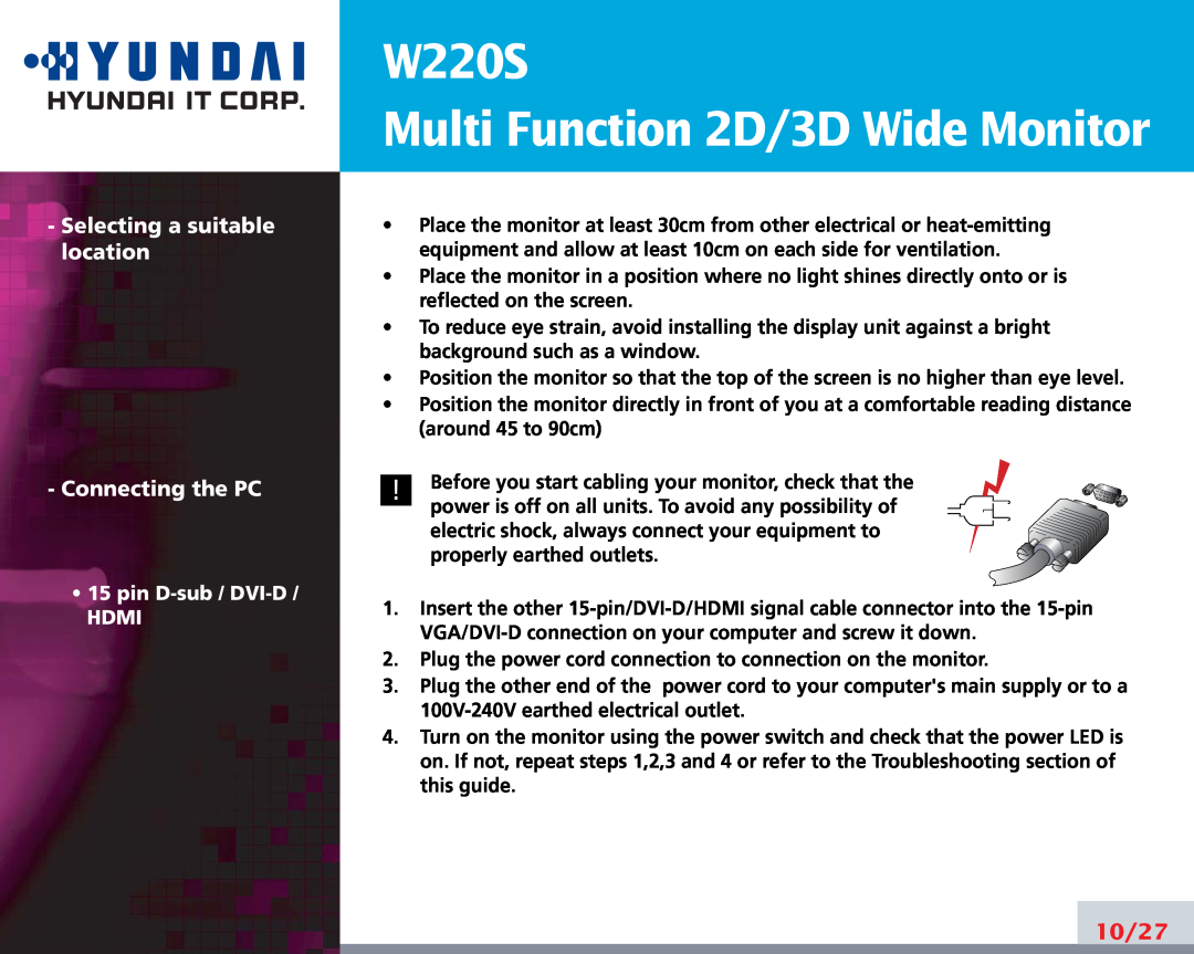 Hyundai manual W220S Multi Function 2D/3D Wide Monitor, Selecting a suitable location Connecting the PC, 10/27 