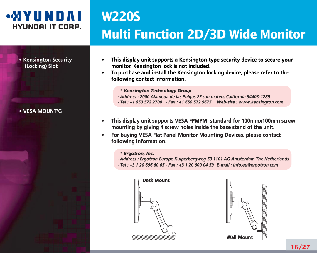 Hyundai manual W220S Multi Function 2D/3D Wide Monitor, 16/27, Kensington Security, Locking Slot, Vesa Mount’G 